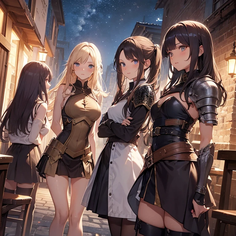 A group of female medieval fantasy adventurers, (in tavern), various hair styles, harem, night, details face, short skirt, seducing, sleeveless, armor, armpits