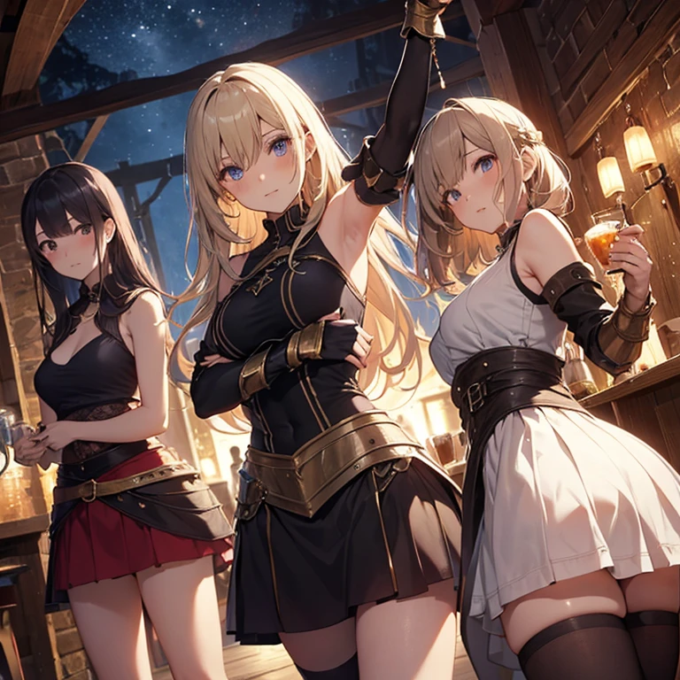 A group of female medieval fantasy adventurers, (in tavern), various hair styles, harem, night, details face, short skirt, seducing, sleeveless, armor, armpits