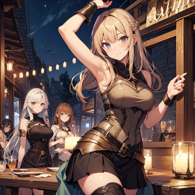 A group of  female medieval fantasy adventurers, (in tavern), various hair styles, harem, night, details face, short skirt, seducing, sleeveless, armor, armpits 