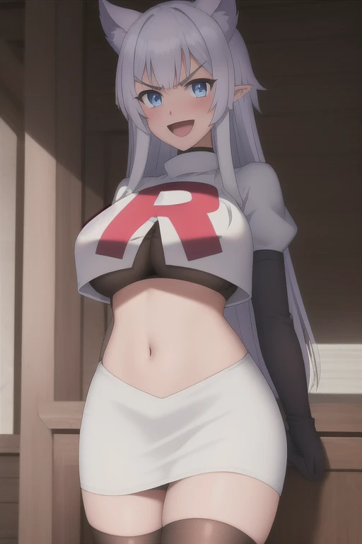 sysdeep_fenrys, 1girl, solo, long_hair, breasts, blush, bangs, blue_eyes, large_breasts, white_hair, :d, sidelocks, choker, pointy_ears, v-shaped_eyebrows, anime_coloring, team rocket,team rocket uniform,white skirt,red letter R,crop top,black thigh-highs,black elbow gloves