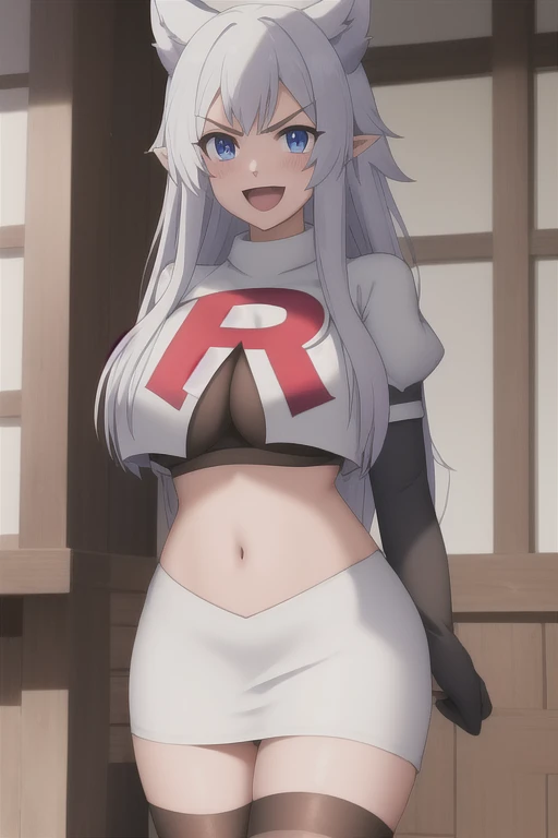 sysdeep_fenrys, 1girl, solo, long_hair, breasts, blush, bangs, blue_eyes, large_breasts, white_hair, :d, sidelocks, choker, pointy_ears, v-shaped_eyebrows, anime_coloring, team rocket,team rocket uniform,white skirt,red letter R,crop top,black thigh-highs,black elbow gloves