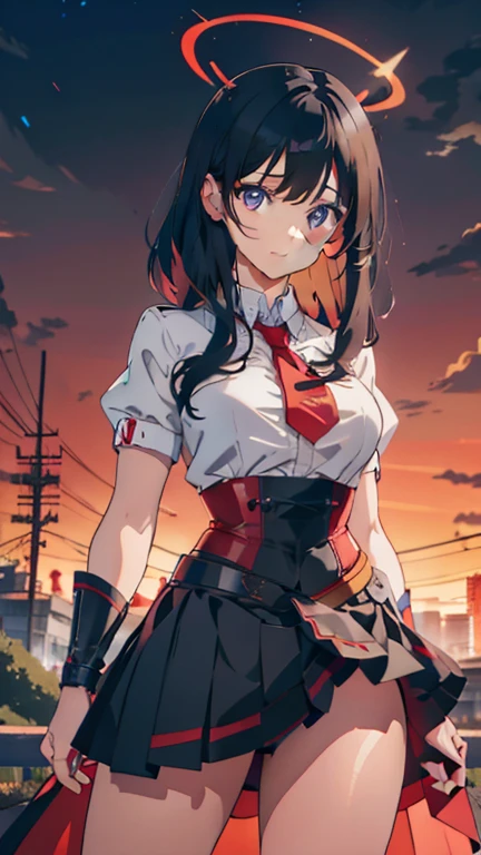Garota de internet de corpo inteiro com rabo de cavalo. Bright red indicates she's an online girl. Personagens de anime com cabelos ruivos e fantasias pretas segurando armas, But there are skirts. She also has blue eyes. The environment is similar to a terminator. The hair is black. Your face is illuminated by the bright red color on one side of your face. Como LEDs.  And both hands also have LED lights.