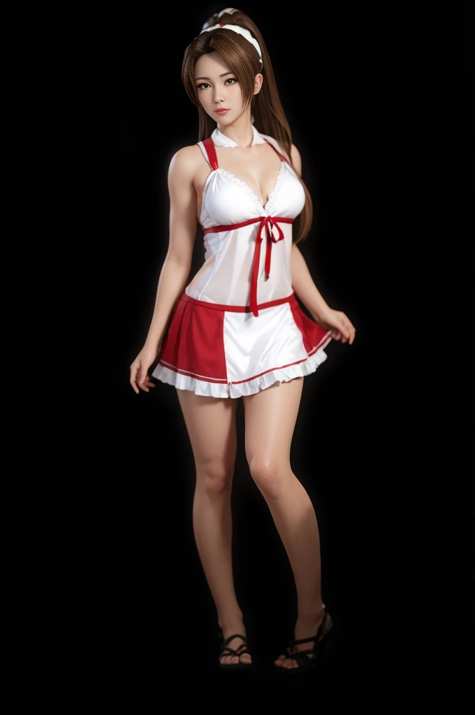 Mai Shiranui, (best quality,ultra-detailed),(Realistic:1.37), beautiful and detailed face, Ultra-realistic texture, delicate face, athletic body, vivid colors. high definition, 8K, wearing red lipstick, rosy cheek.