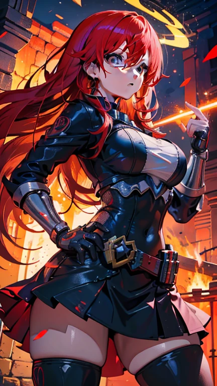Garota de internet de corpo inteiro com rabo de cavalo. Bright red indicates she's an online girl. Personagens de anime com cabelos ruivos e fantasias pretas segurando armas, But there are skirts. She also has blue eyes. The environment is similar to a terminator. The hair is black. Your face is illuminated by the bright red color on one side of your face. Como LEDs. And both hands also have LED lights.