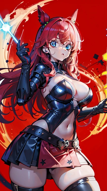 Garota de internet de corpo inteiro com rabo de cavalo. Bright red indicates she's an online girl. Personagens de anime com cabelos ruivos e fantasias pretas segurando armas, But there are skirts. She also has blue eyes. The environment is similar to a terminator. The hair is black. Your face is illuminated by the bright red color on one side of your face. Como LEDs.  And both hands also have LED lights.