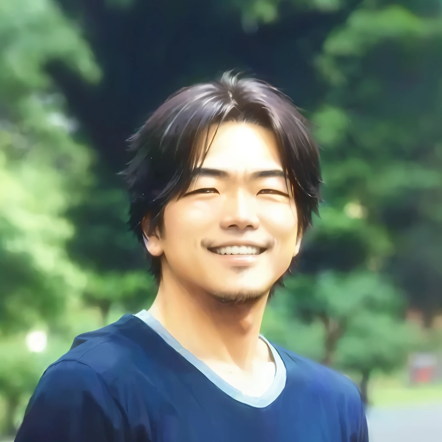 Anime Style, Smiling man in black and blue shirt standing in front of a tree, tomohiro shimoguchi, art jiro matsumoto, amazing, yosuke ueno, Satoshi, Kosuke Ono, All heroes, saito takao, hisashi eguchi, He threatened Hideo., kinu nishimura