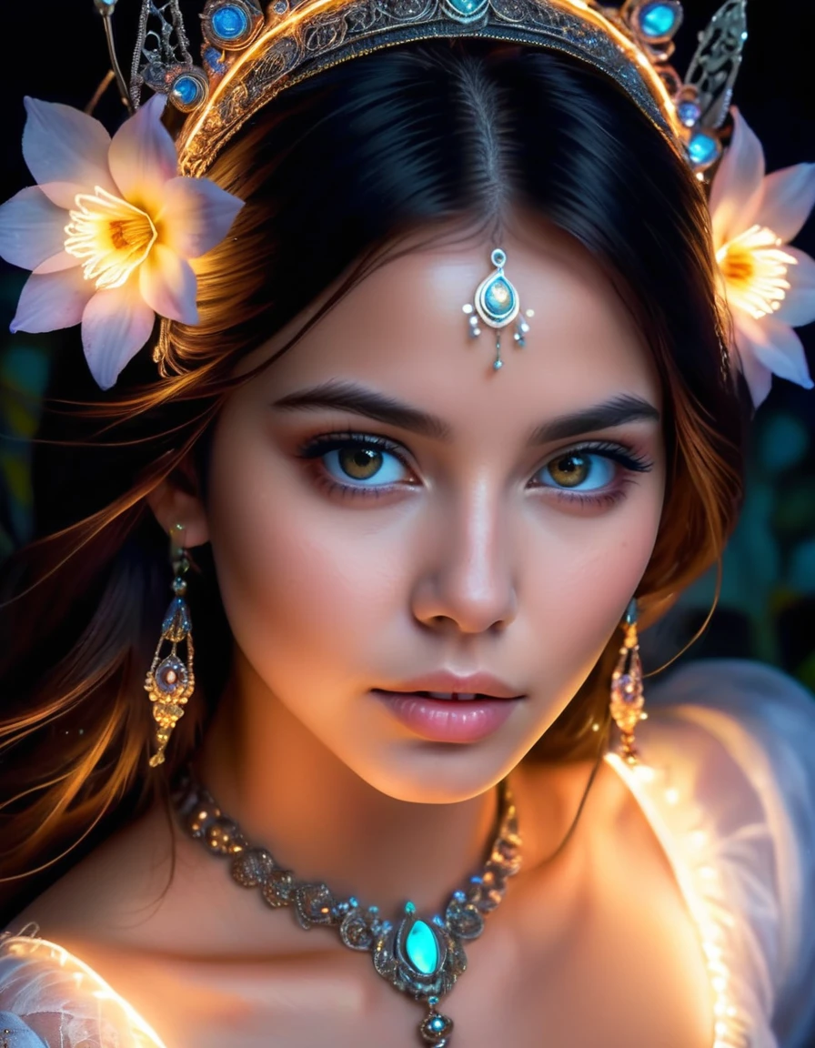 stunningly beautiful girl in the dark, glowing eyes, dark hair, skin glowing,
glowing flowers around the face, something mystical and majestic, magic, sparks from the skin and around, very dark, only light neon light, stunning, charming, masterpiece, high quality, intricate details, high detail , lots of detail, dynamic, intricate details, bohemian, aesthetic, contour, close-up, high quality, work of art, hyper-detailed, professional, filigree, super-detailed, hyperrealism, close-up, isometric, digital art