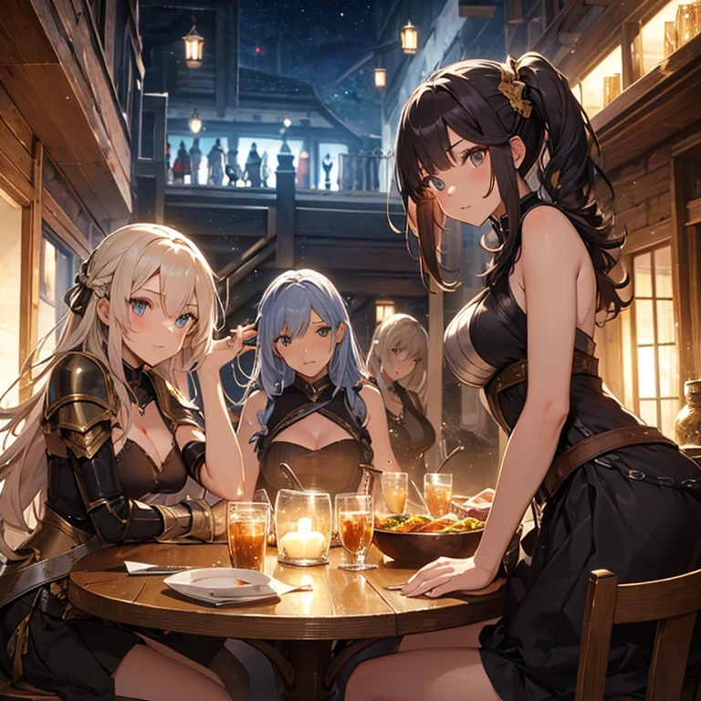 A group of female medieval fantasy adventurers, (in tavern), various hair styles, harem, night, details face, short skirt, seducing, sleeveless, armor, armpits