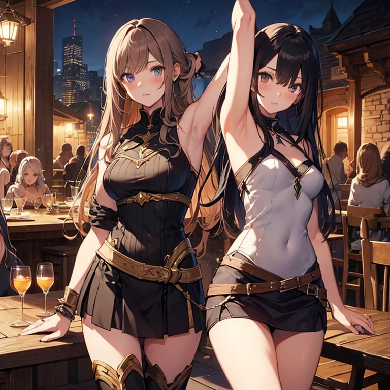 A group of  female medieval fantasy adventurers, (in tavern), various hair styles, harem, night, details face, short skirt, seducing, sleeveless, armor, armpits 