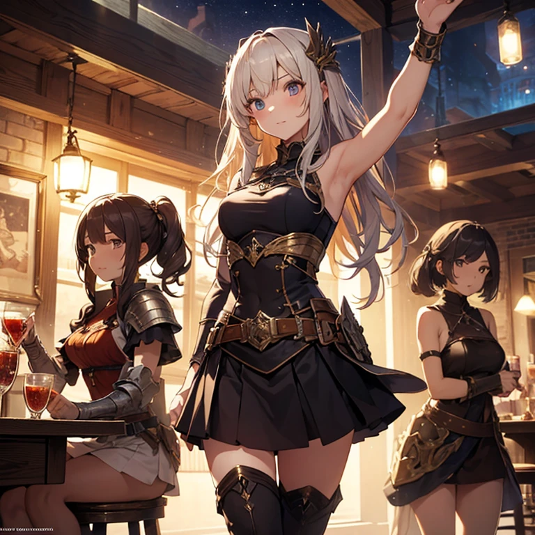 A group of  female medieval fantasy adventurers, (in tavern), various hair styles, harem, night, details face, short skirt, seducing, sleeveless, armor, armpits 