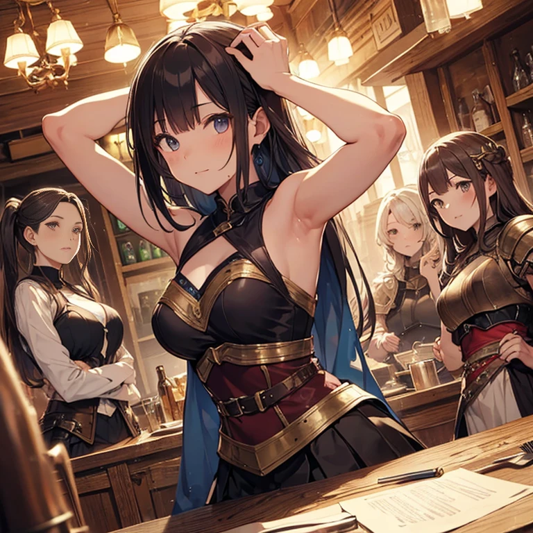 A group of female medieval fantasy adventurers, (in tavern), various hair styles, harem, night, details face, short skirt, seducing, sleeveless, armor, armpits
