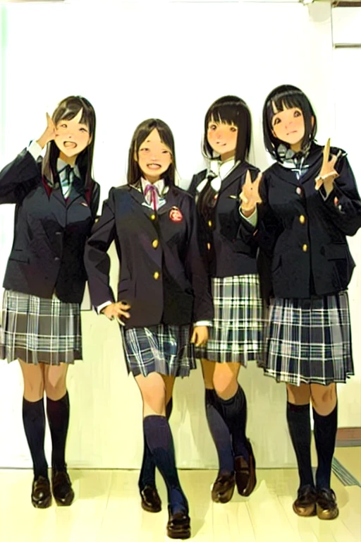 four girls in school uniforms posing for a picture in a room, japanese school uniform, wearing japanese school uniform, wearing school uniform, seifuku, japanese girl school uniform, wearing a school uniform, JK Uniform, Japanese High School, , high school girl, kimono, magic , magical school student uniform, J-pop Clothing