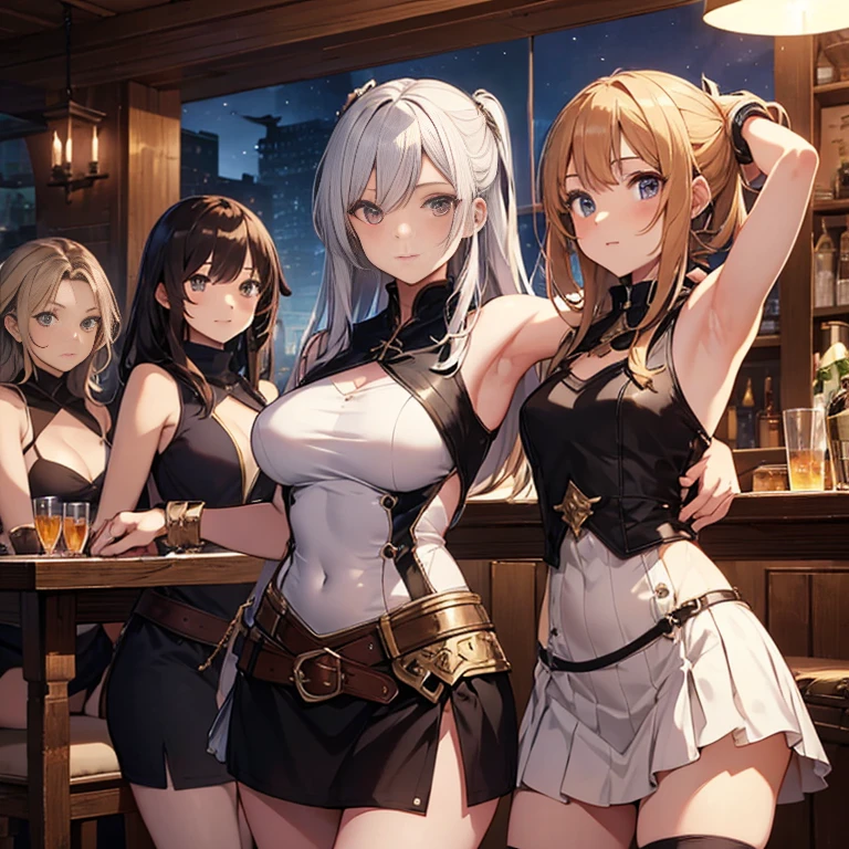 A group of  female medieval fantasy adventurers, (in tavern), various hair styles, harem, night, details face, short skirt, seducing, sleeveless, armor, armpits 