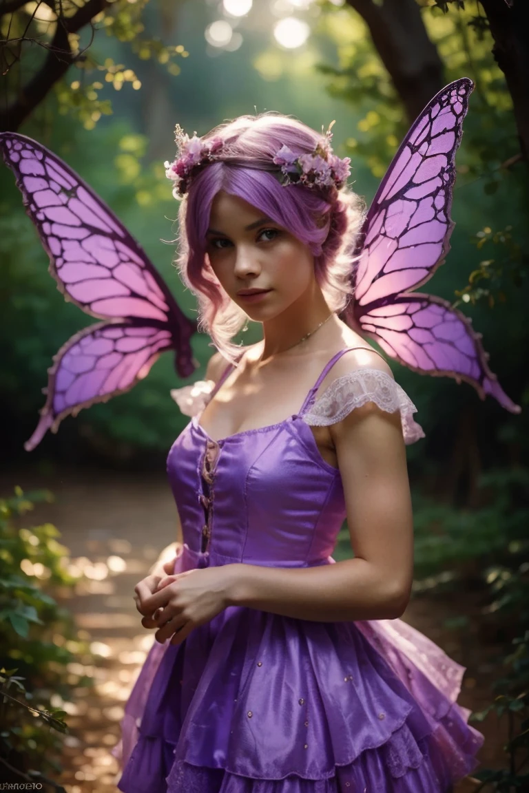 Professional photograph of a woman with lilac hair, brilhantes e lisos, olhos roxos, wears a short baby pink dress, has purple and lilac wings, tem um arco e flecha em suas costa, the background is a forest.