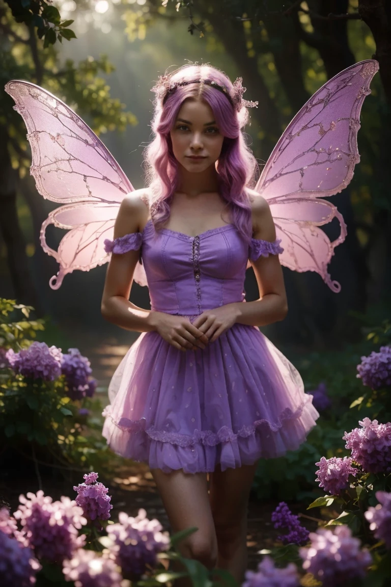 Professional photograph of a woman with lilac hair, brilhantes e lisos, olhos roxos, wears a short baby pink dress, has purple and lilac wings, tem um arco e flecha em suas costa, the background is a forest.