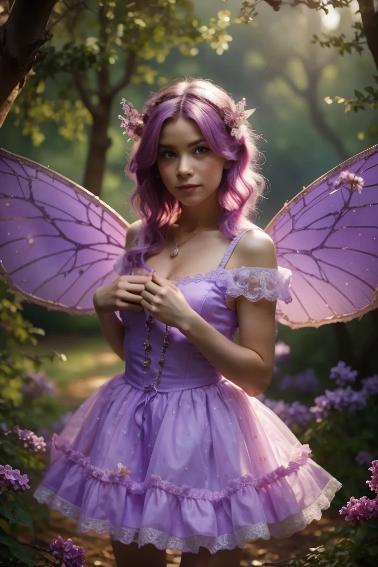 Professional photograph of a woman with lilac hair, brilhantes e lisos, olhos roxos, wears a short  pink dress, has purple and lilac wings, tem um arco e flecha em suas costa, the background is a forest.