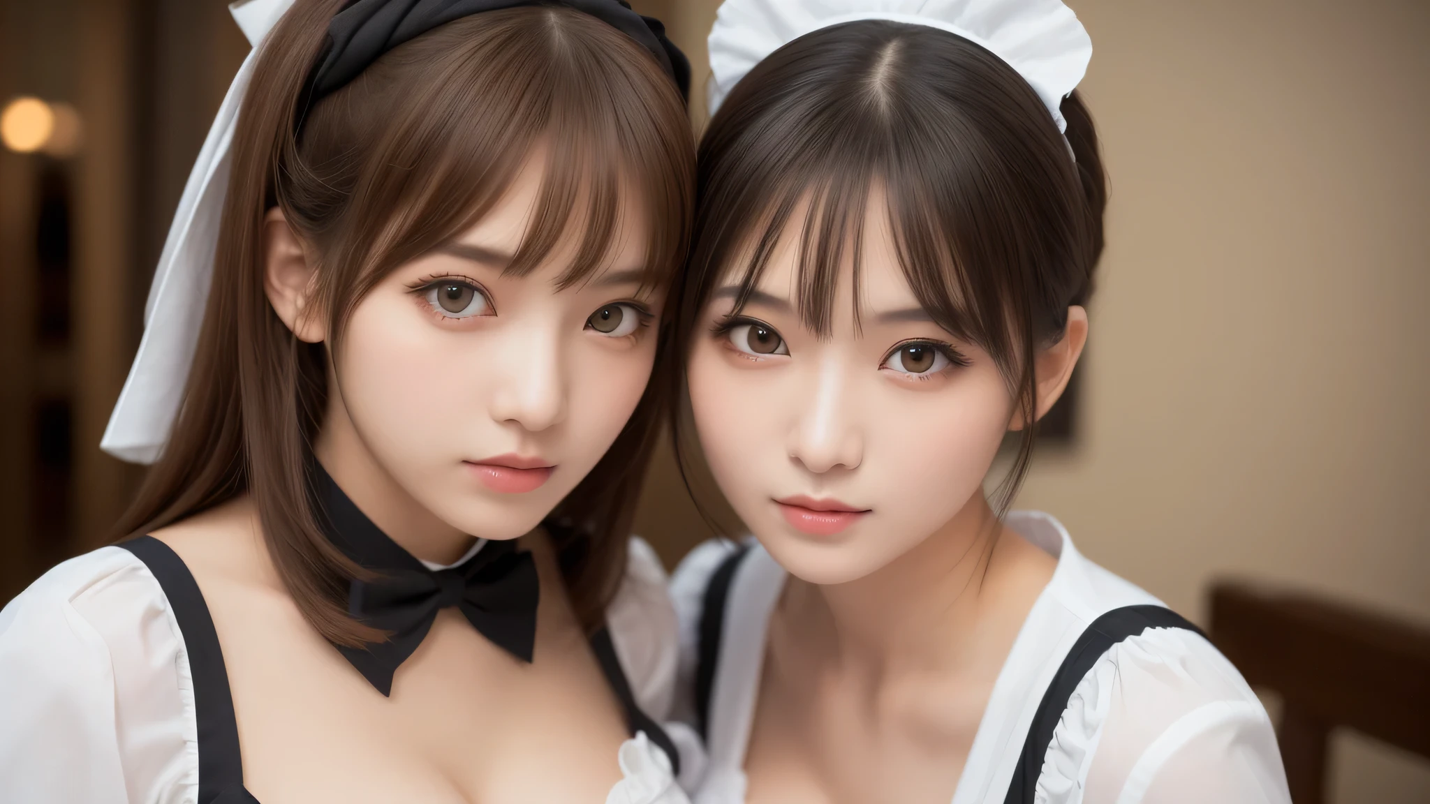 (2girl:1.3), (extremely detailed beautiful face), (highly detailed eyes, highly detailed face), (maid costume), Fresh, very clean appearance, (best Quality:1.4), (hyper-realistic, hight resolution), Professional Photography, standing, maid cafe, Close up portrait of girl, staring at me, (Fine face:1.2), (big breasts:1.2), bob hair,