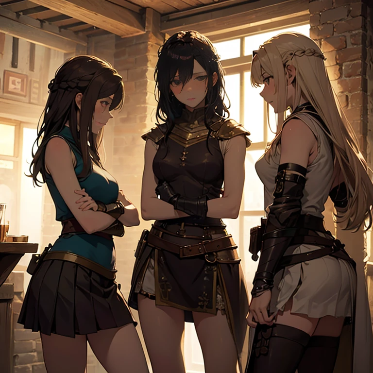 A group of  female medieval fantasy adventurers, (in tavern), various hair styles, harem, night, details face, short skirt, seducing, sleeveless, armor