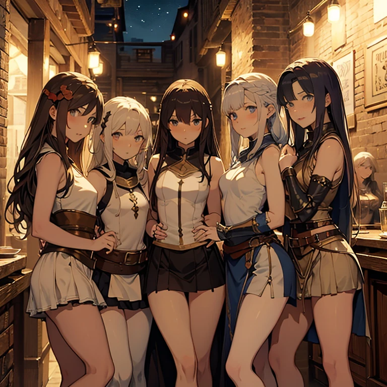 A group of  female medieval fantasy adventurers, (in tavern), various hair styles, harem, night, details face, short skirt, seducing, sleeveless, armor