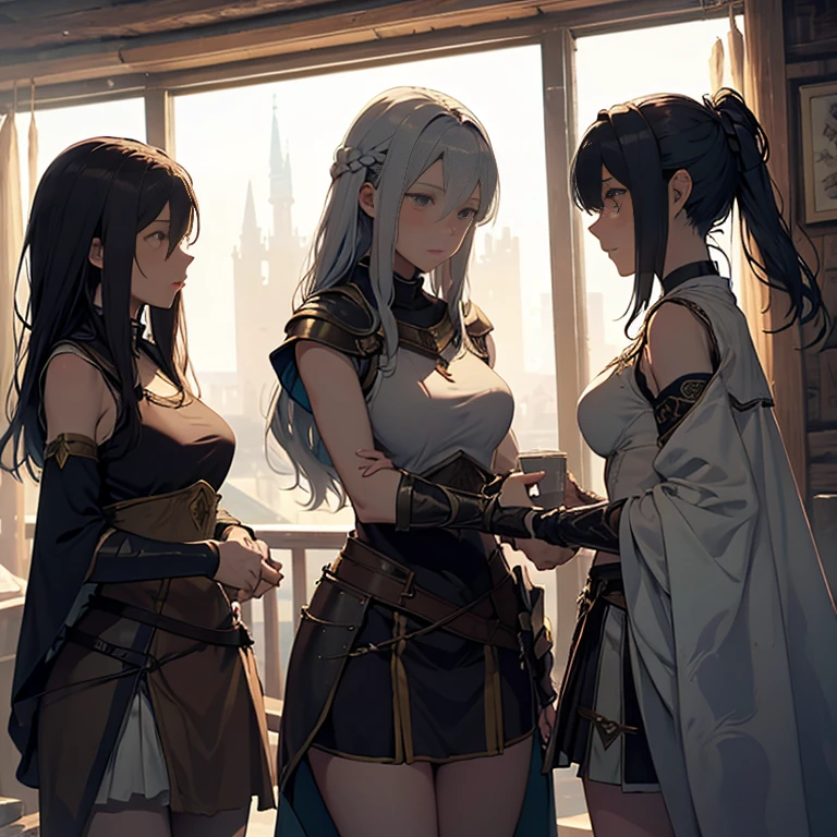 A group of  female medieval fantasy adventurers, (in tavern), various hair styles, harem, night, details face, short skirt, seducing, sleeveless, armor