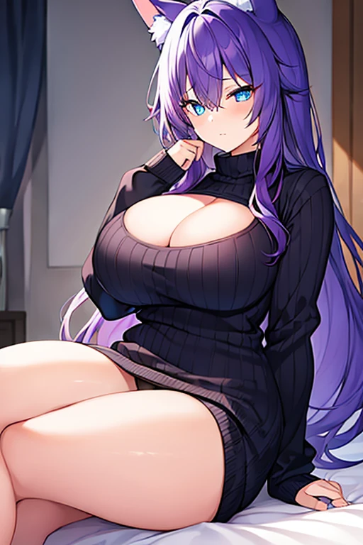 1girl, purple hair, one eye covered, hair over one eye, blue eyes, blue eye, black sweater, sweater, cleavage, large breasts, thick thighs, bed, sittting, waking up, sleepy, fox ears, fox tail