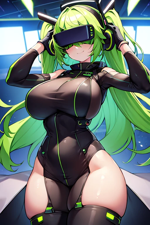 1girl, green hair, vr visors, visors, head-mounted display, covered eyes, bodysuit, black bodysuit, science-fiction, machinery, futuristic, tech, neon, neon trim, large breasts, thick thighs, wide hips, swaying hips, hip sway, sway, arms behind back, arms up, smile,