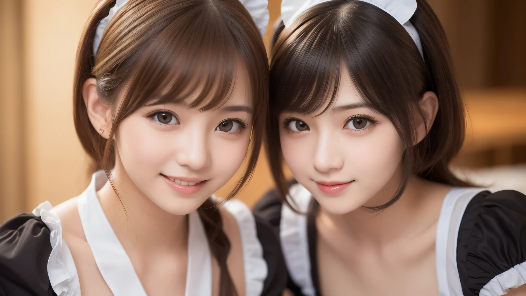 (2girl:1.3), (cute smile:1.2), (extremely detailed beautiful face), (highly detailed eyes, highly detailed face), (maid costume:1.2), Fresh, very clean appearance, (best Quality:1.4), (hyper-realistic, hight resolution), Professional Photography, standing, maid cafe, Close up portrait of girl, staring at me, (Fine face:1.2), (big breasts:1.2), bob hair, 
