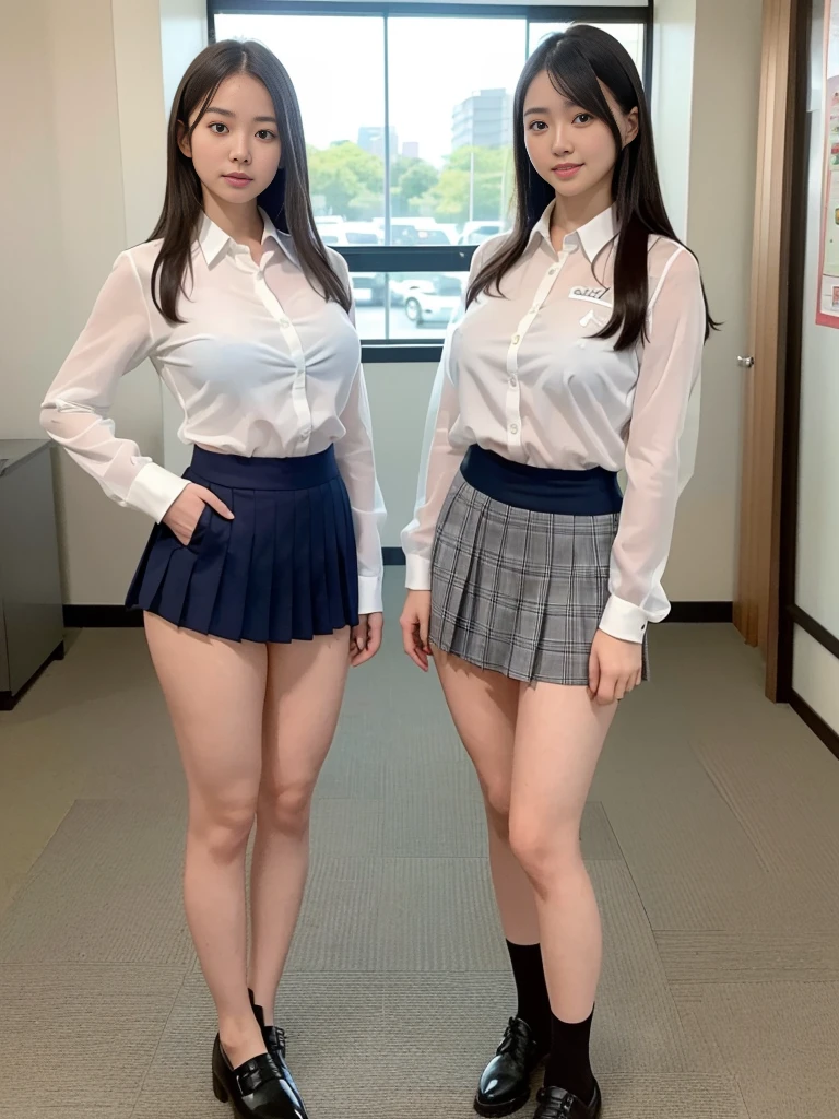 (highest quality:1.2),(8K:1.2),(masterpiece:1.2),(high resolution:1.2),(Photorealistic:1.2),(Perfect Anatomy:1.1),Perfect beautiful composition,Ultra-high definition beauty face,Ultra HD Hair,Ultra-high definition sparkling eyes,(Ultra-high resolution glossy skin:1.1),超high resolutionのツヤツヤ唇,Graceful posture,(3 Japanese women:1.4),The background is an office with no one in it.,(Huge breasts:1.5),Short Hair,Full Body Shot,(See-through School Uniforms:1.5),smile,(Slender:1.5),Beauty,(Narrow waist:1.5),(See-through mini skirt:1.5),(Thin and beautiful legs:1.4),Bold sexy pose,(Group photo:1.3),(No panties, no bra:1.2),(Clothes show through and skin is visible:1.2),(Erect nipples:1.2)