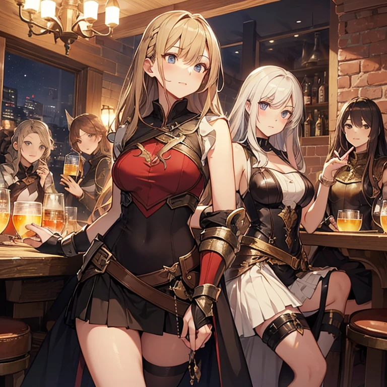 A group of female medieval fantasy adventurers, (in tavern), various hair styles, harem, night, details face, short skirt, seducing, sleeveless, armor