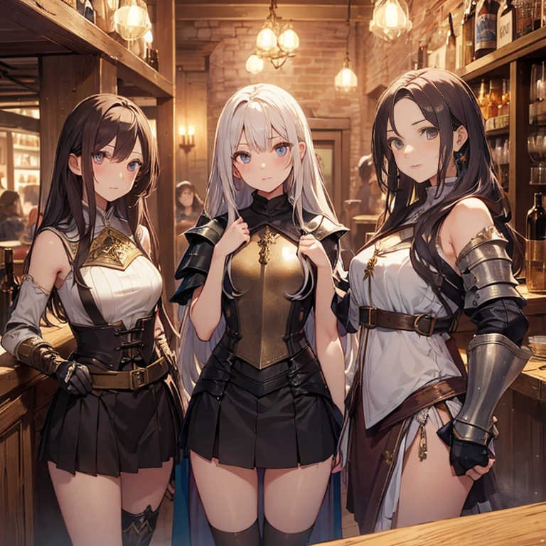 A group of female medieval fantasy adventurers, (in tavern), various hair styles, harem, night, details face, short skirt, seducing, sleeveless, armor