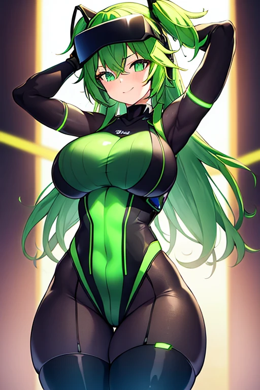 1girl, green hair, vr visors, visors, head-mounted display, covered eyes, bodysuit, black bodysuit, science-fiction, machinery, futuristic, tech, neon, neon trim, large breasts, thick thighs, swaying hips, hip sway, sway, arms behind back, arms up, smile,