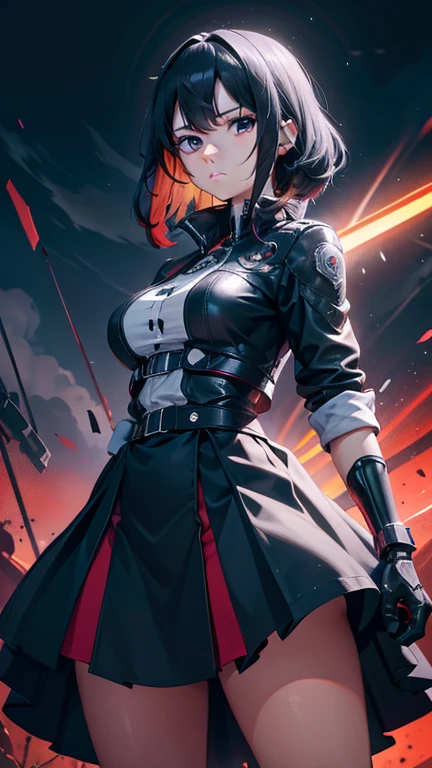 Garota de internet de corpo inteiro com rabo de cavalo. Bright red indicates she's an online girl. Personagens de anime com cabelos ruivos e fantasias pretas segurando armas, But there are skirts. She also has blue eyes. The environment is similar to a terminator. The hair is black. Your face is illuminated by the bright red color on one side of your face. Como LEDs.  And both hands also have LED lights.