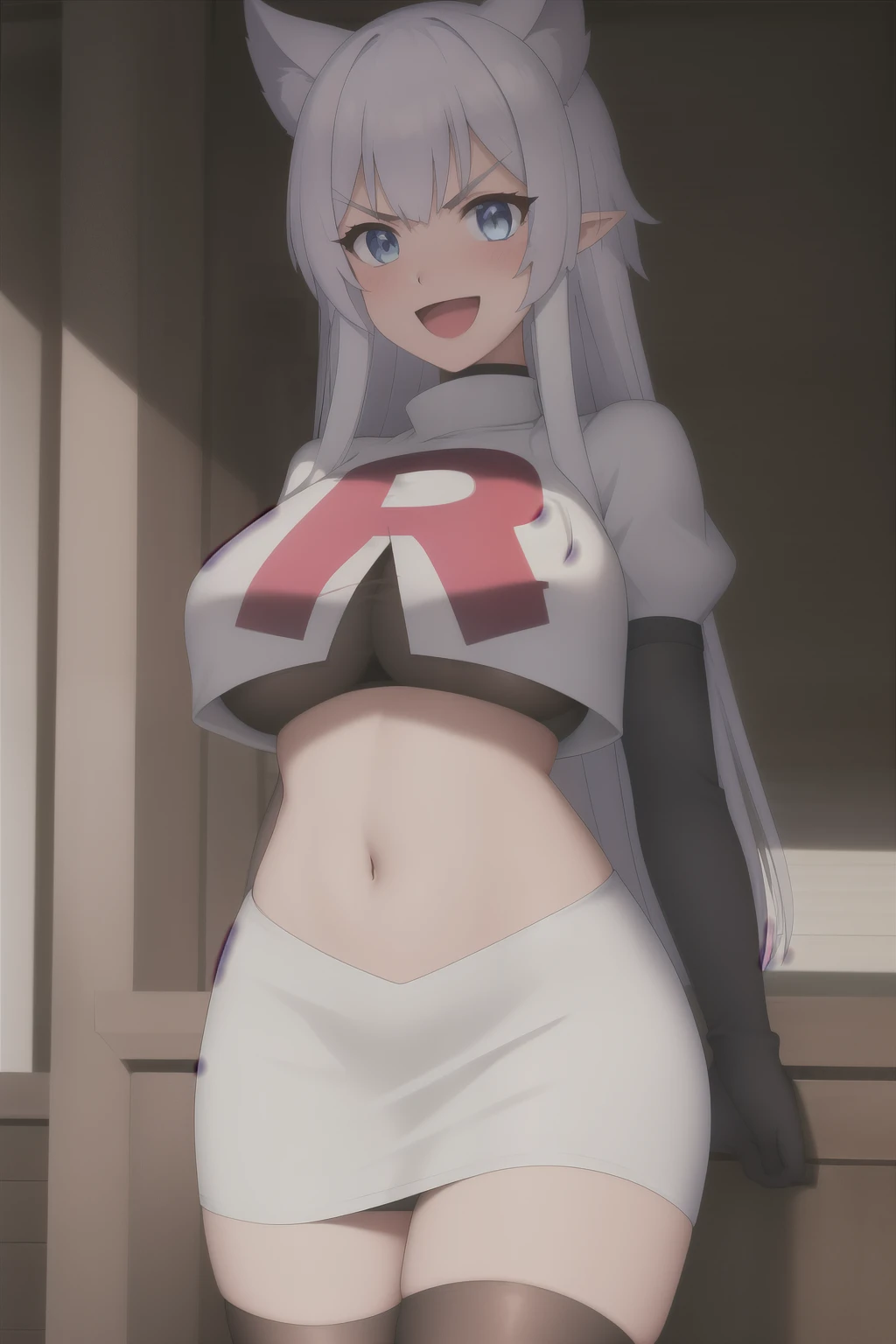 sysdeep_fenrys, 1girl, solo, long_hair, breasts, blush, bangs, blue_eyes, large_breasts, white_hair, :d, sidelocks, choker, pointy_ears, v-shaped_eyebrows, anime_coloring, team rocket,team rocket uniform,white skirt,red letter R,crop top,black thigh-highs,black elbow gloves