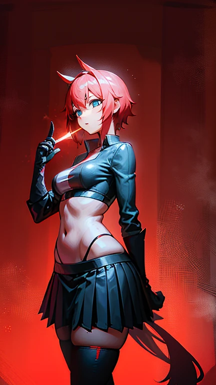 Garota de internet de corpo inteiro com rabo de cavalo. Bright red indicates she's an online girl. Personagens de anime com cabelos ruivos e fantasias pretas segurando armas, But there are skirts. She also has blue eyes. The environment is similar to a terminator. The hair is black. Your face is illuminated by the bright red color on one side of your face. Como LEDs.  And both hands also have LED lights.
