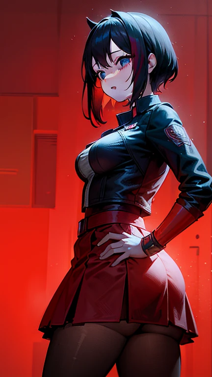 Garota de internet de corpo inteiro com rabo de cavalo. Bright red indicates she's an online girl. Personagens de anime com cabelos ruivos e fantasias pretas segurando armas, But there are skirts. She also has blue eyes. The environment is similar to a terminator. The hair is black. Your face is illuminated by the bright red color on one side of your face. Como LEDs.  And both hands also have LED lights.