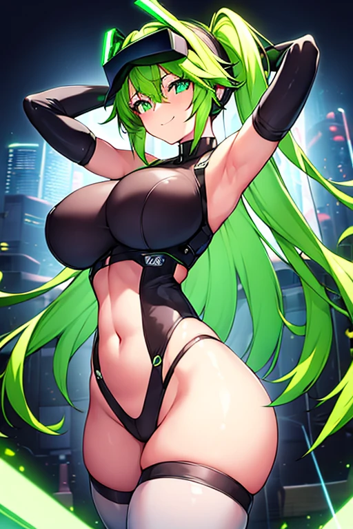 1girl, green hair, vr visors, visors, head-mounted display, covered eyes, bodysuit, black bodysuit, science-fiction, machinery, futuristic, tech, neon, neon trim, large breasts, thick thighs, swaying hips, hip sway, sway, arms behind back, arms up, smile,