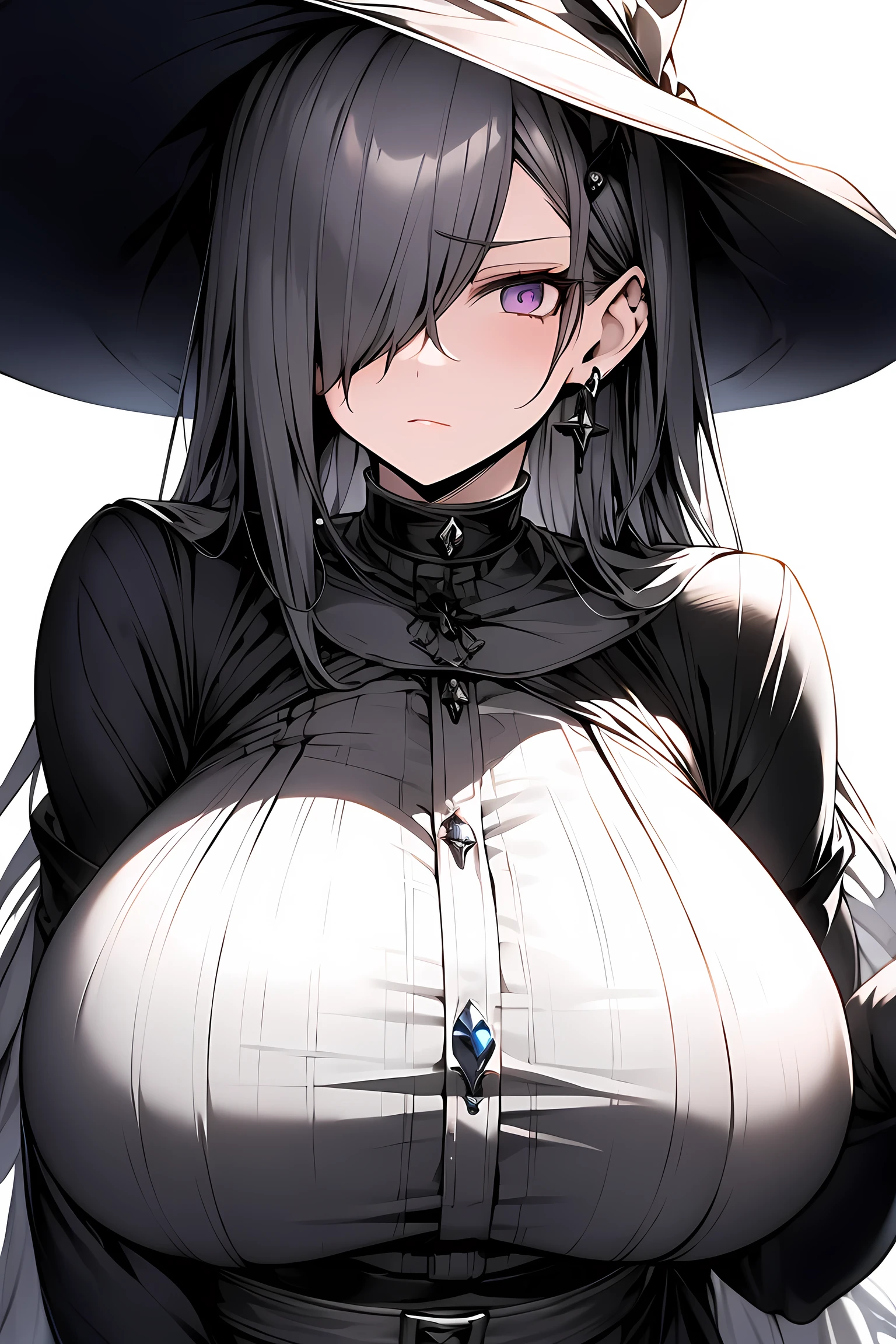 big woman, Lange white haare, one eye Cover with hair, purple eyes, blank stare, Huge breasts, silver witch had, silver witch dress, Best quality, Meisterwerk 