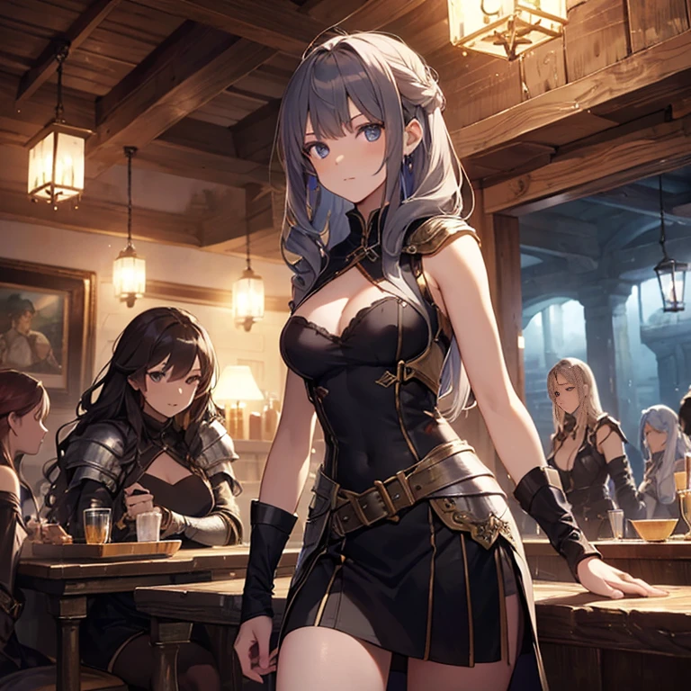 A group of  female medieval fantasy adventurers, (in tavern), various hair styles, harem, night, details face, short skirt, seducing, sleeveless, armor 