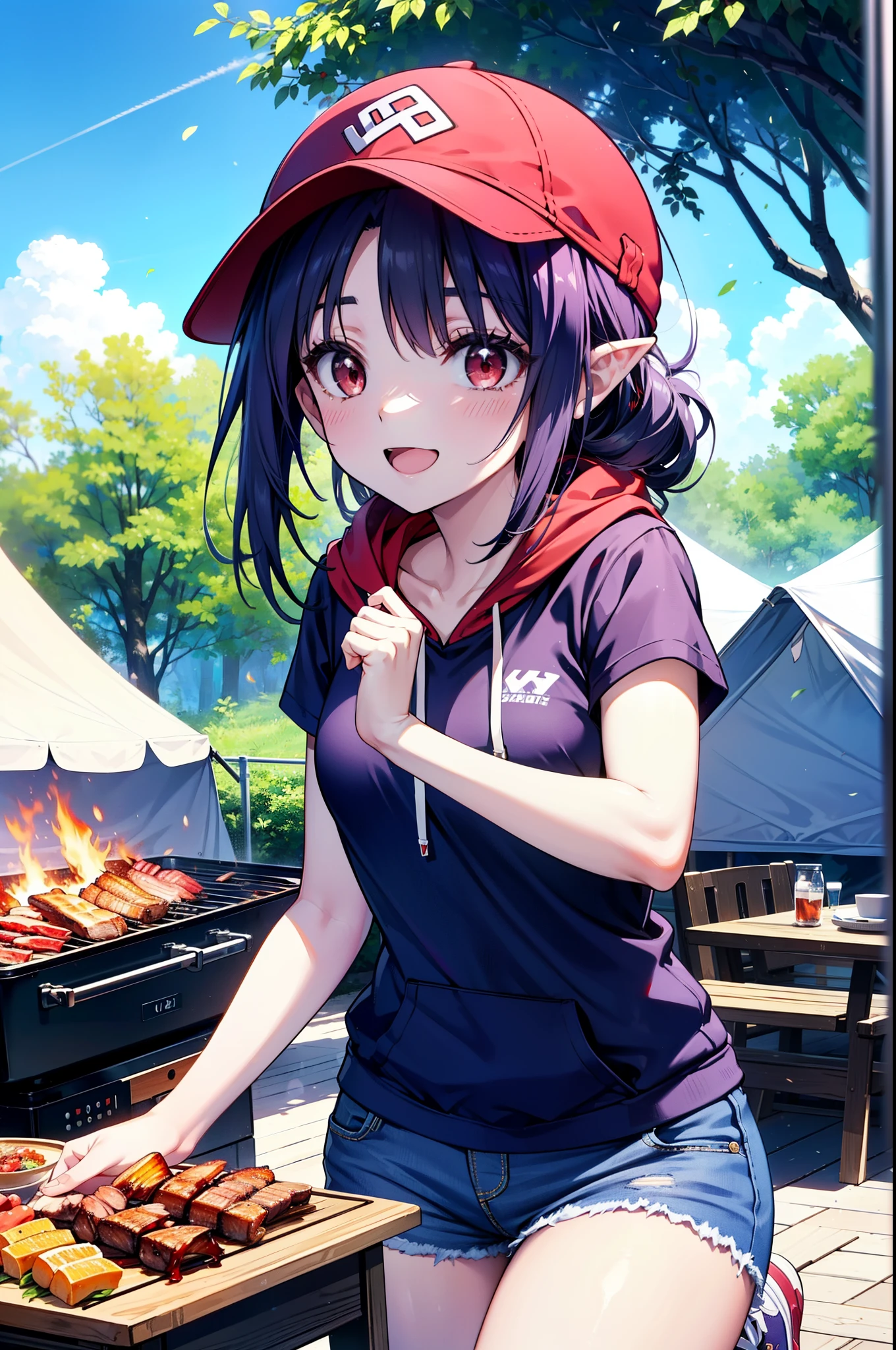 yuukikonno, Konno Yuuki, Long Hair, Pointed Ears, Purple Hair, (Red eyes:1.5), (Small breasts:1.2),smile, Open your mouth,Purple hoodie,Short sleeve,Baseball hats,Hoodie hood up,Red tank top shirt,Short denim,Red knee-high socks,High-top sneakers,Daytime,Clear skies,True Summer,barbecue,tent,
break looking at viewer, Upper Body, whole body,(Cowboy Shot:1. 5),
break outdoors, forest, nature,camp site,
break (masterpiece:1.2), highest quality, High resolution, unity 8k wallpaper, (figure:0.8), (Beautiful fine details:1.6), Highly detailed face, Perfect lighting, Highly detailed CG, (Perfect hands, Perfect Anatomy),