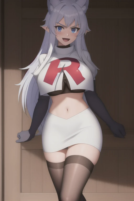 sysdeep_fenrys, 1girl, solo, long_hair, breasts, blush, bangs, blue_eyes, large_breasts, white_hair, :d, sidelocks, choker, pointy_ears, v-shaped_eyebrows, anime_coloring, team rocket,team rocket uniform,white skirt,red letter R,crop top,black thigh-highs,black elbow gloves