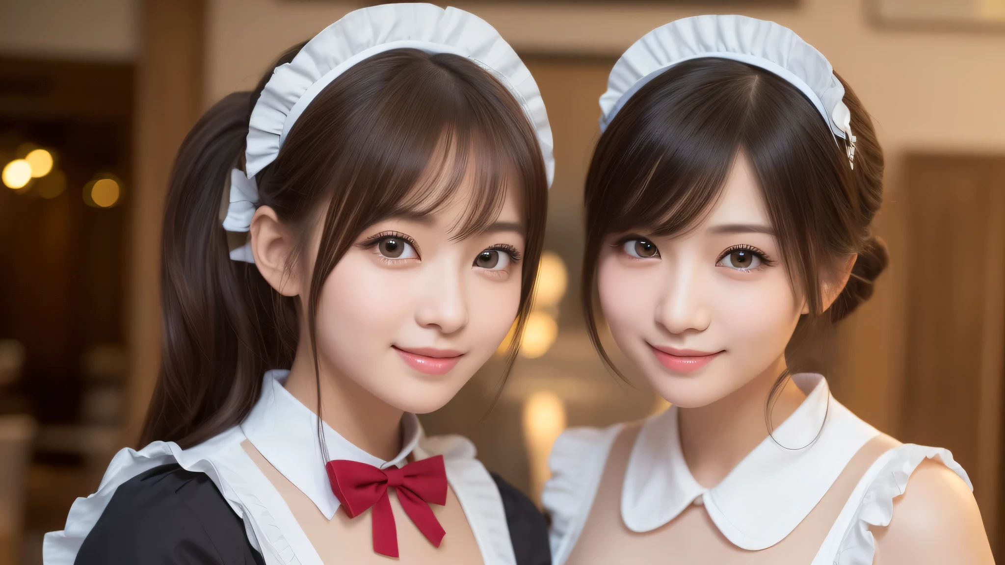 (2girl:1.3), (cute smile:1.2), (extremely detailed beautiful face), (highly detailed eyes, highly detailed face), (maid costume, ruffle costume:1.2), Fresh, very clean appearance, (best Quality:1.4), (hyper-realistic, hight resolution), Professional Photography, standing, maid cafe, Close up portrait of girl, staring at me, (Fine face:1.2), (big breasts:1.2), bob hair, 
