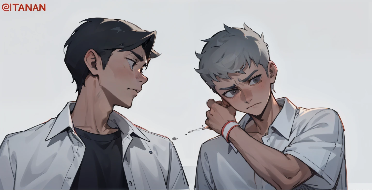 A couple of 16-year-old men with gray hair are sad, naked, they have no shirt., estan sin camisa