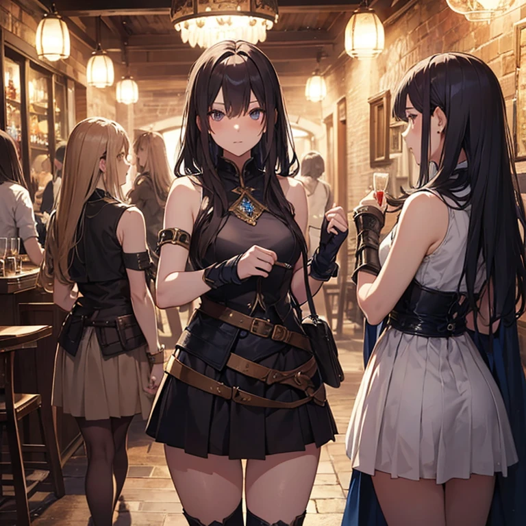 A group of female medieval fantasy adventurers, (in tavern), various hair styles, harem, night, details face, short skirt, seducing, sleeveless, armor