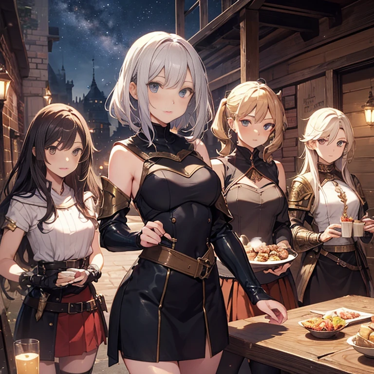 A group of  female medieval fantasy adventurers, (in tavern), various hair styles, harem, night, details face, short skirt, seducing, sleeveless, armor 