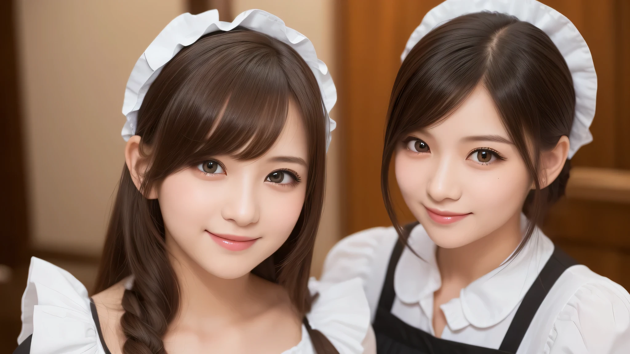 (2girl:1.3), (cute smile:1.2), (extremely detailed beautiful face), (highly detailed eyes, highly detailed face), (maid costume, ruffle costume:1.2), Fresh, very clean appearance, (best Quality:1.4), (hyper-realistic, hight resolution), Professional Photography, standing, maid cafe, Close up portrait of girl, staring at me, (Fine face:1.2), bob hair,