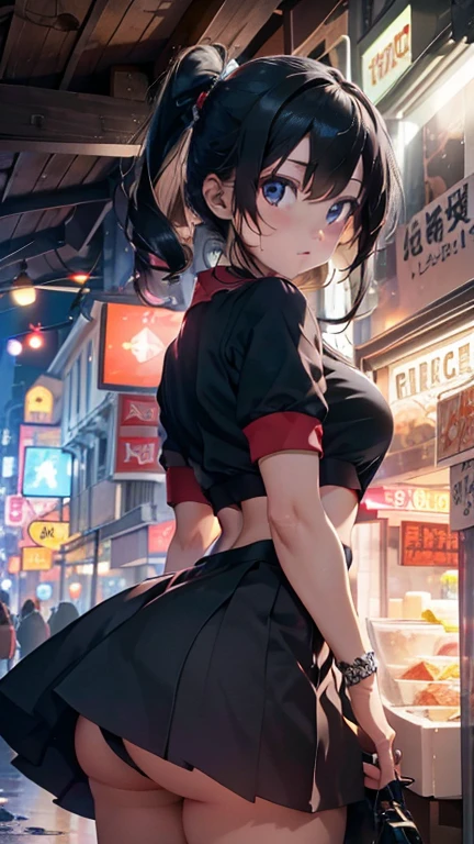 Garota de internet de corpo inteiro com rabo de cavalo. Bright red indicates she's an online girl. Personagens de anime com cabelos ruivos e fantasias pretas segurando armas, But there are skirts. She also has blue eyes. The environment is similar to a terminator. The hair is black. Your face is illuminated by the bright red color on one side of your face. Como LEDs. And both hands also have LED lights.