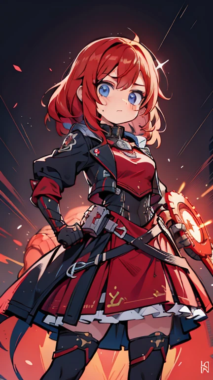 Garota de internet de corpo inteiro com rabo de cavalo. Bright red indicates she's an online girl. Personagens de anime com cabelos ruivos e fantasias pretas segurando armas, But there are skirts. She also has blue eyes. The environment is similar to a terminator. The hair is black. Your face is illuminated by the bright red color on one side of your face. Como LEDs.  And both hands also have LED lights.