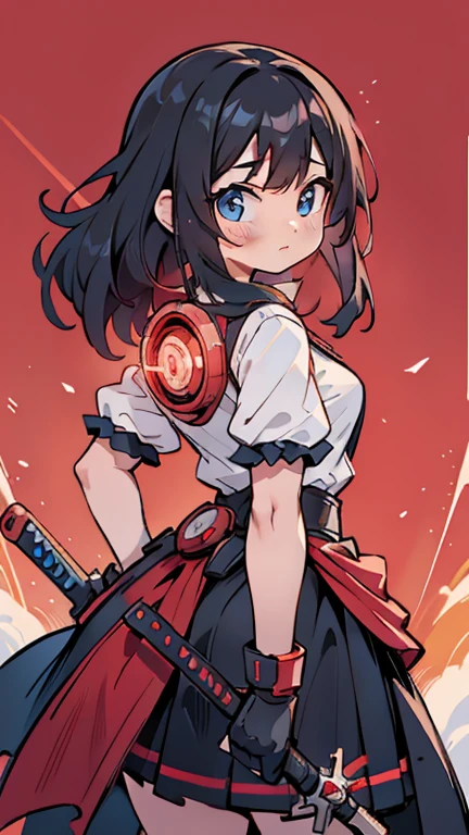 Garota de internet de corpo inteiro com rabo de cavalo. Bright red indicates she's an online girl. Personagens de anime com cabelos ruivos e fantasias pretas segurando armas, But there are skirts. She also has blue eyes. The environment is similar to a terminator. The hair is black. Your face is illuminated by the bright red color on one side of your face. Como LEDs.  And both hands also have LED lights.