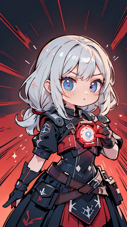 Garota de internet de corpo inteiro com rabo de cavalo. Bright red indicates she's an online girl. Personagens de anime com cabelos ruivos e fantasias pretas segurando armas, But there are skirts. She also has blue eyes. The environment is similar to a terminator. The hair is black. Your face is illuminated by the bright red color on one side of your face. Como LEDs. And both hands also have LED lights.