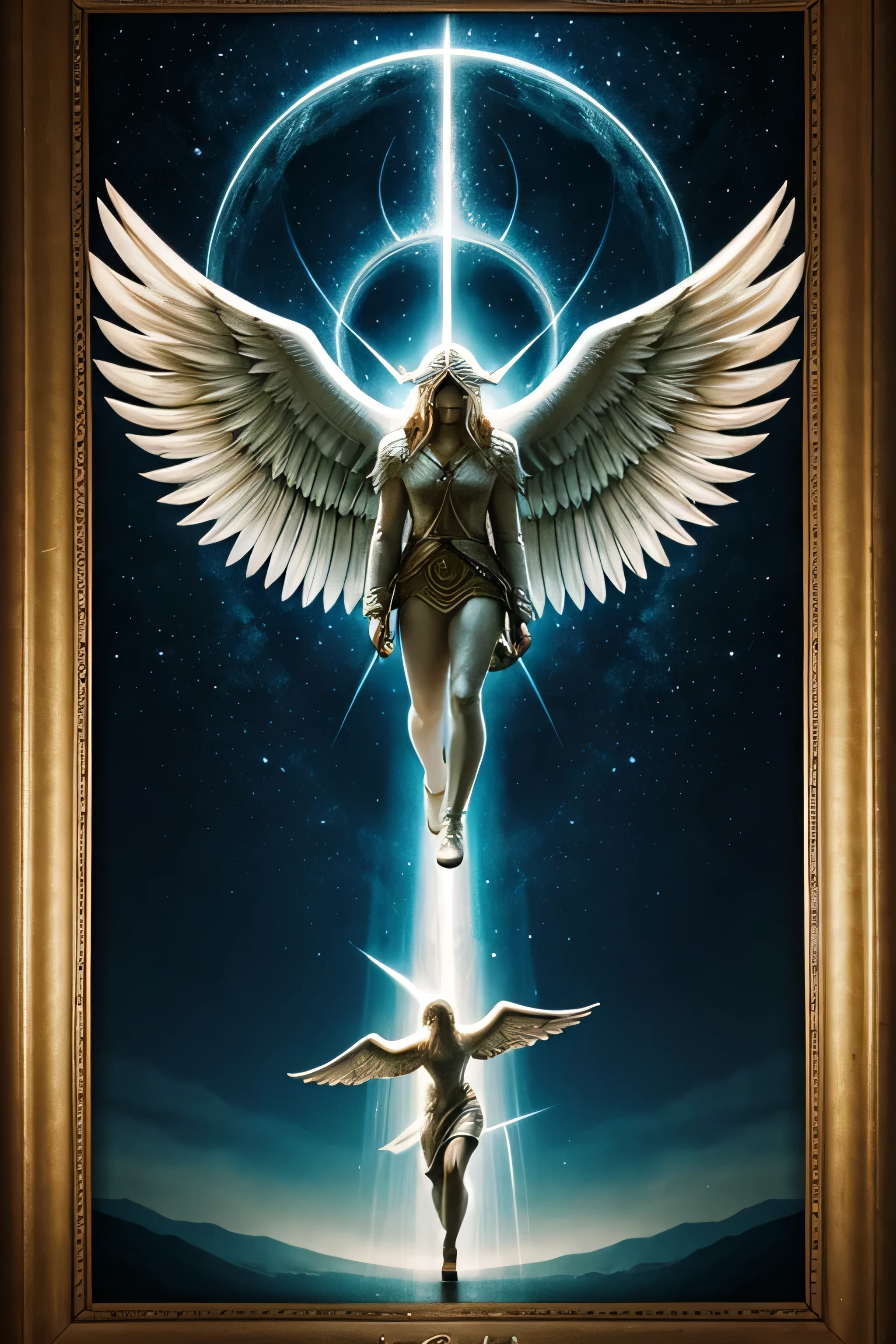 Create a hyper-realistic, emotionally intense image for the "Ten of Lights" card in the Lumen Angelis deck, drawing inspiration from the traditional Ten of Swords card in the Rider-Waite tarot. The scene should evoke a profound sense of finality, despair, and the inevitable transition from one phase to another, elevated to a celestial, otherworldly setting that resonates with the theme of the deck.
At the center of the image is a fallen angel, lying face down on an ethereal, luminous ground that seems to float in an endless, dark void. The angel's once-glorious wings are now tattered and dimmed, their feathers scattered around them like fallen leaves, symbolizing the loss of divine power and the weight of overwhelming burdens. The angel's body is twisted in a pose of defeat, with one arm stretched out towards the viewer, fingers clawing at the glowing ground as if in a final, desperate attempt to hold on.
Piercing the angel’s back are ten radiant beams of light, resembling swords, each one shining with a cold, harsh brilliance that contrasts sharply with the soft glow of the ground. These beams are not only sources of light but also conduits of immense energy, each one carrying intricate patterns of celestial symbols and runes that pulse with a powerful, almost menacing energy. The beams are perfectly aligned, creating a symmetrical pattern that adds to the sense of inevitability and finality. The light from the beams spreads outwards, casting long, dramatic shadows that stretch into the darkness beyond.
The background is a vast, starless void, emphasizing the isolation and hopelessness of the scene. However, just beyond the beams of light, faint traces of dawn begin to break through the darkness, suggesting that even in this moment of utter despair, there is the potential for a new beginning. The ground beneath the angel is made of glowing, crystalline shards, which reflect the beams of light in a dazzling array of colors, creating a stark contrast to the angel'